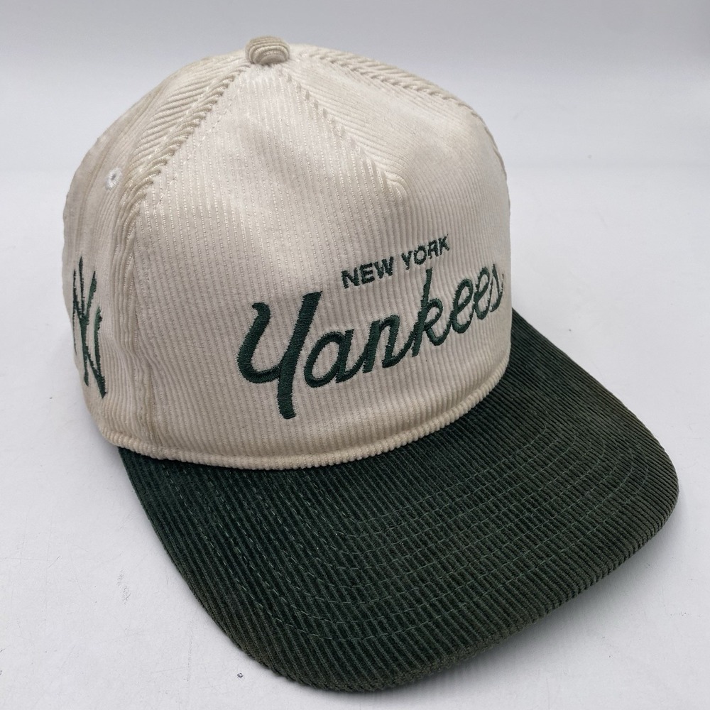 New York Yankees Corduroy Hat New Era SnapBack Script Logo Green White Cleaned‎